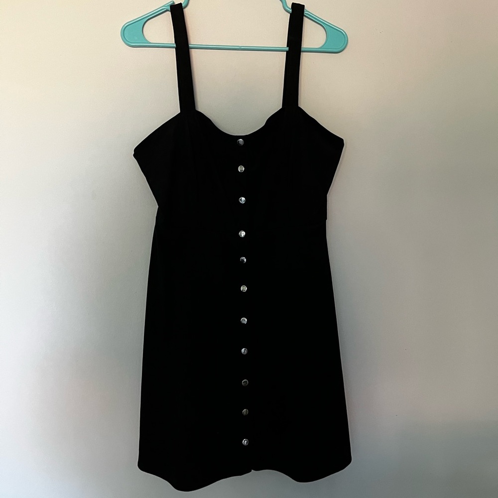 90s grunge inspired Suede snap front black dress, sleeveless